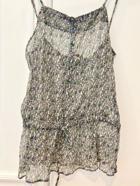 Zara Basic 100% Silk Sheer Floral Spaghetti Strap Camisole with Drawstring Waist